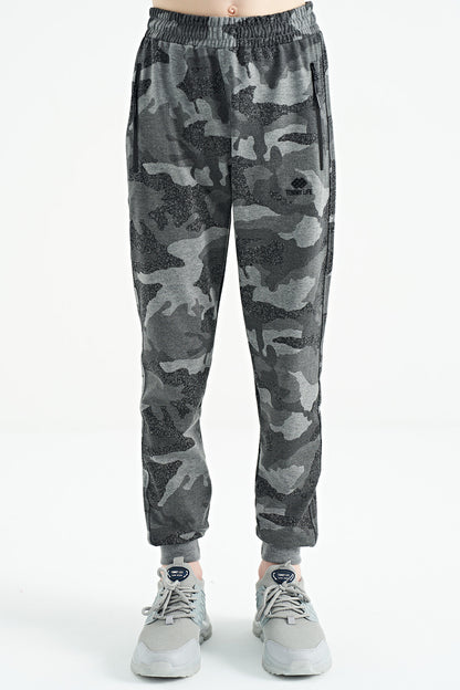 Grey Melange Camouflage Print Detailed Standard Fit Jogger Boys' Tracksuit Bottom - 11096