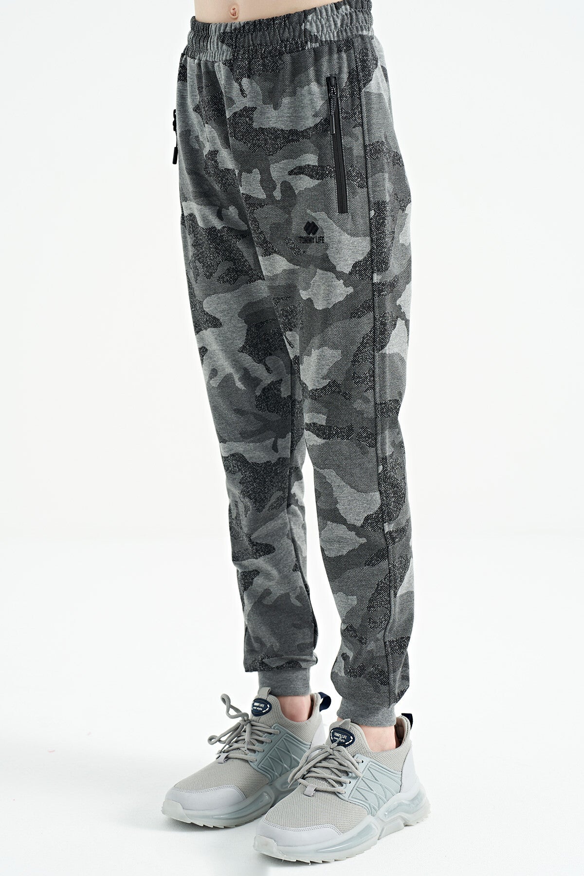 Grey Melange Camouflage Print Detailed Standard Fit Jogger Boys' Tracksuit Bottom - 11096