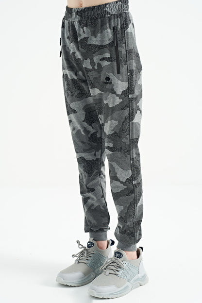 Grey Melange Camouflage Print Detailed Standard Fit Jogger Boys' Tracksuit Bottom - 11096