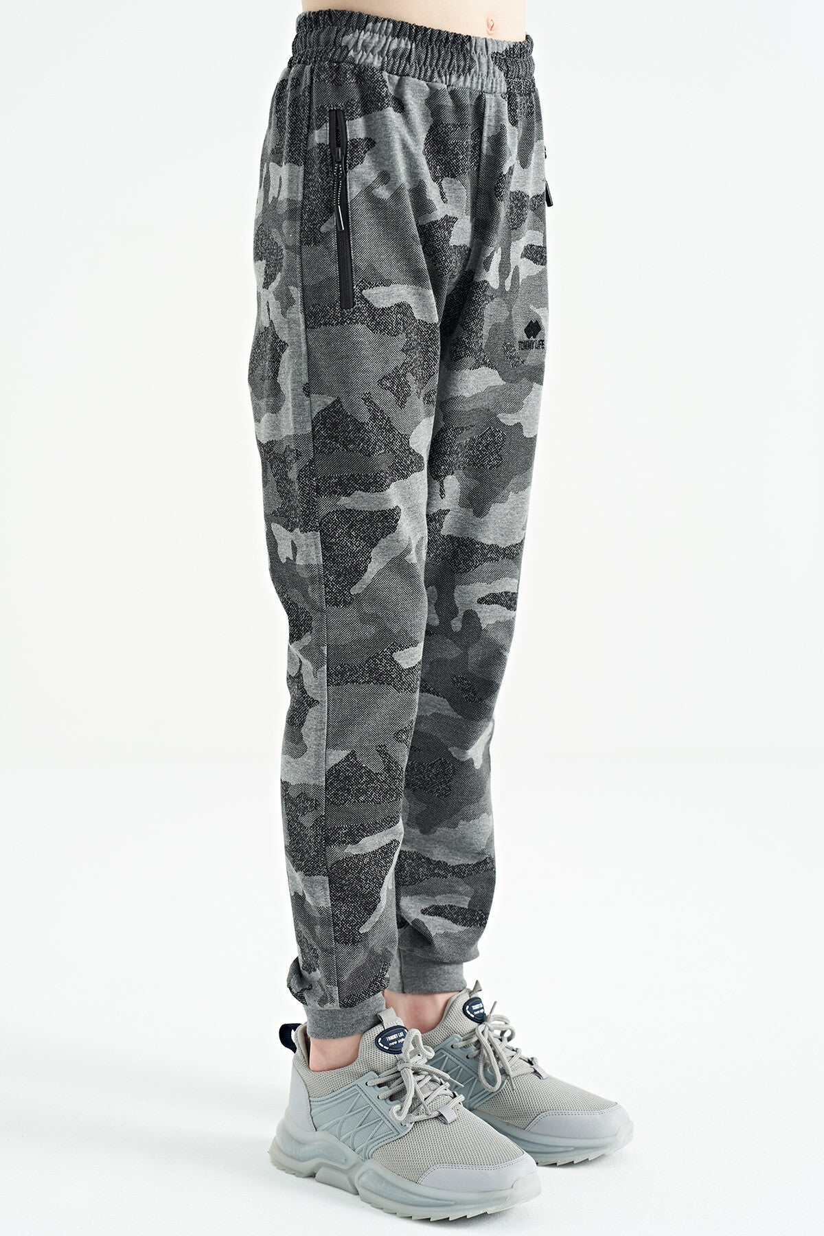Grey Melange Camouflage Print Detailed Standard Fit Jogger Boys' Tracksuit Bottom - 11096