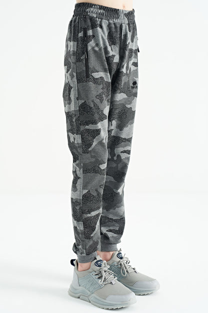 Grey Melange Camouflage Print Detailed Standard Fit Jogger Boys' Tracksuit Bottom - 11096