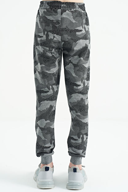 Grey Melange Camouflage Print Detailed Standard Fit Jogger Boys' Tracksuit Bottom - 11096