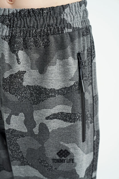 Grey Melange Camouflage Print Detailed Standard Fit Jogger Boys' Tracksuit Bottom - 11096