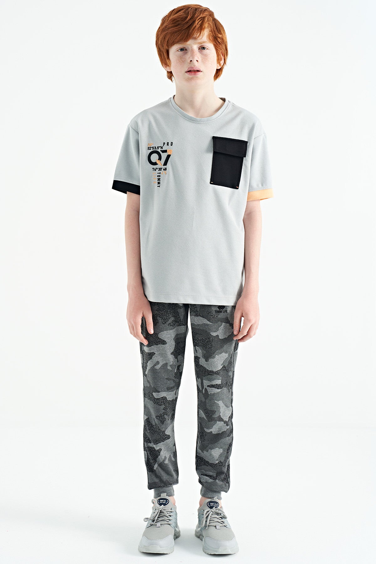 Grey Melange Camouflage Print Detailed Standard Fit Jogger Boys' Tracksuit Bottom - 11096