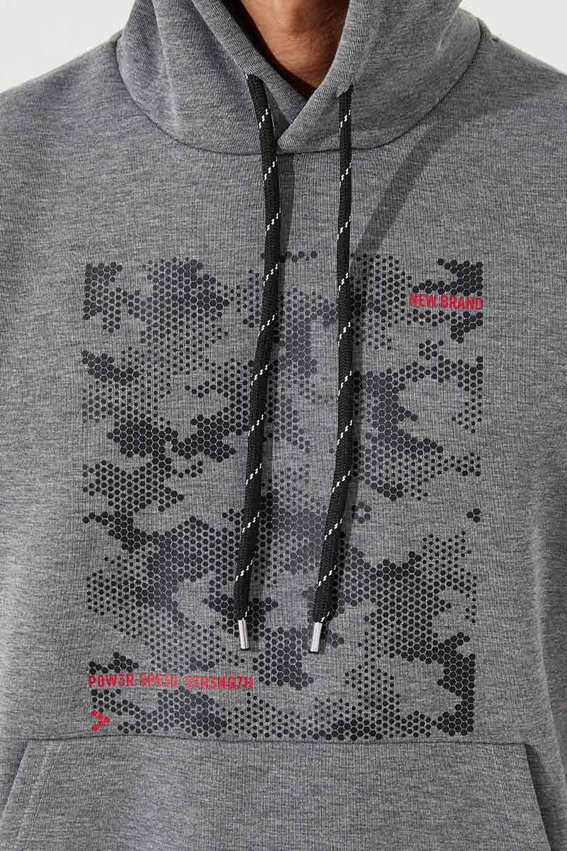 Grey Melange Camouflage Print Standard Fit Men's Hooded Sweatshirt - 87884