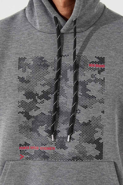 Grey Melange Camouflage Print Standard Fit Men's Hooded Sweatshirt - 87884
