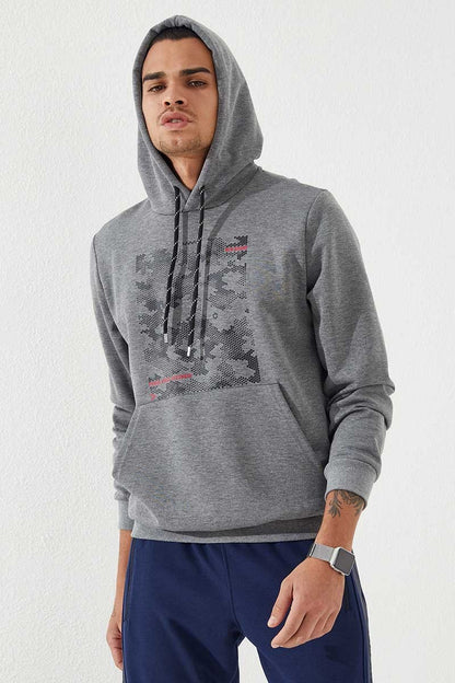 Grey Melange Camouflage Print Standard Fit Men's Hooded Sweatshirt - 87884
