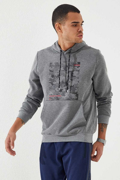 Grey Melange Camouflage Print Standard Fit Men's Hooded Sweatshirt - 87884