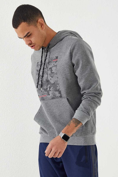 Grey Melange Camouflage Print Standard Fit Men's Hooded Sweatshirt - 87884