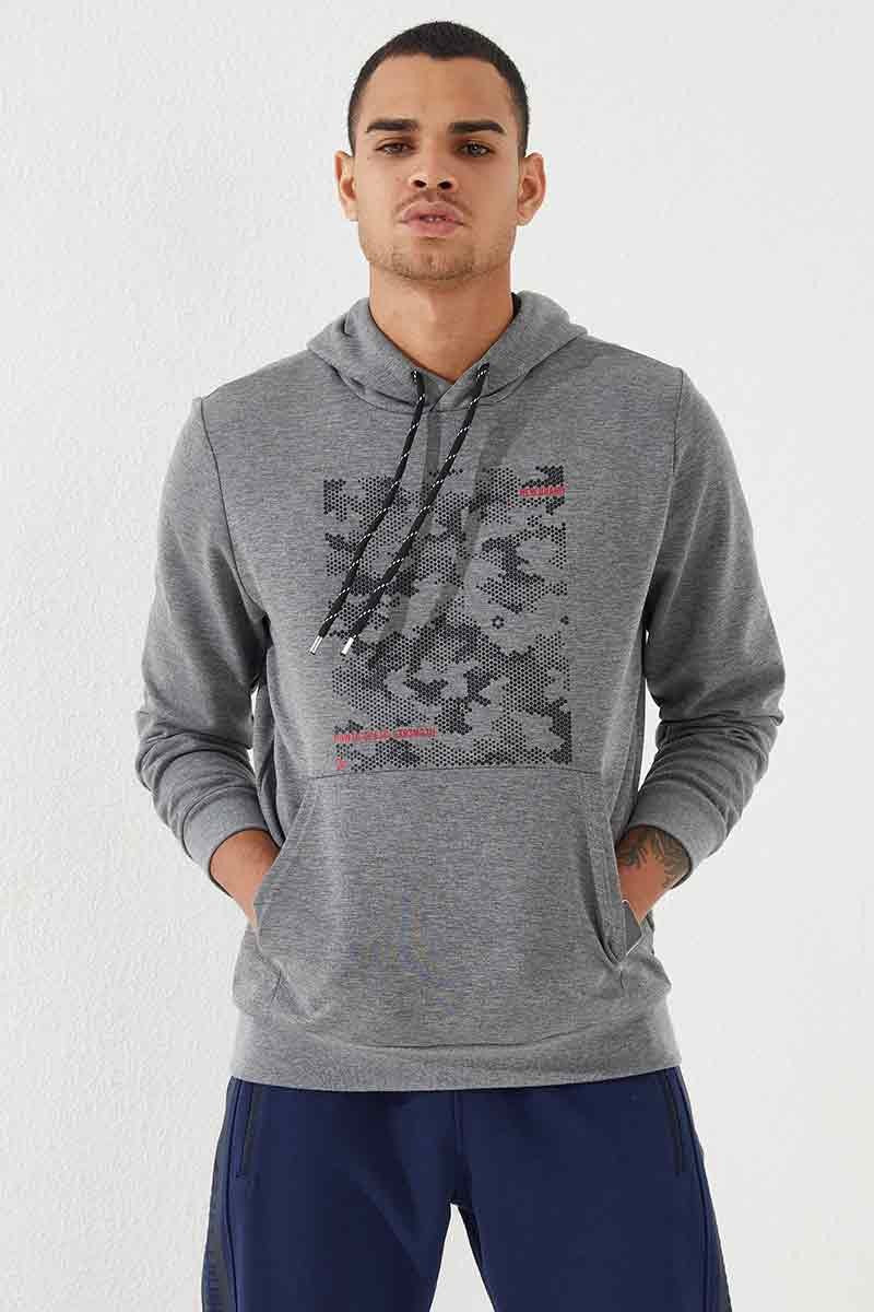 Grey Melange Camouflage Print Standard Fit Men's Hooded Sweatshirt - 87884