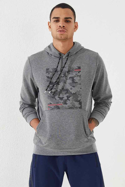 Grey Melange Camouflage Print Standard Fit Men's Hooded Sweatshirt - 87884