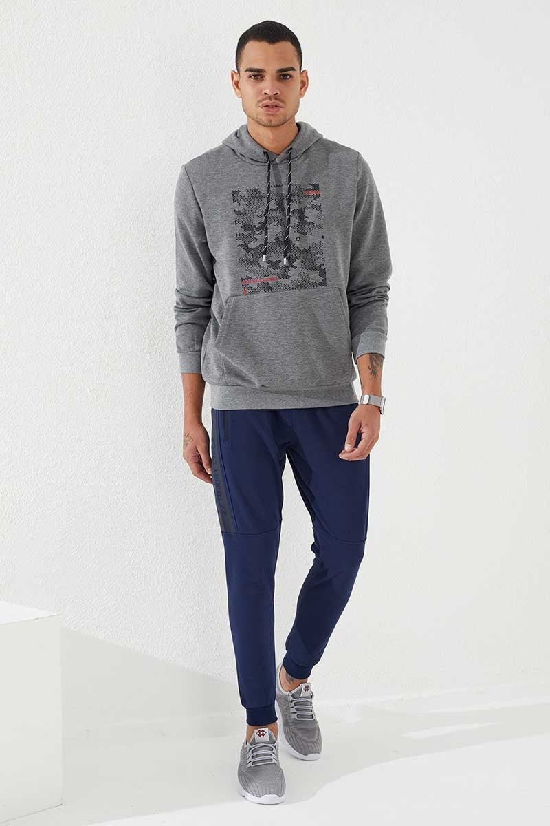 Grey Melange Camouflage Print Standard Fit Men's Hooded Sweatshirt - 87884