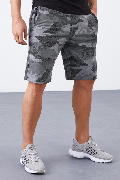 Grey Melange Camouflage Pattern Pocketed Standard Fit Men's Shorts - 81126