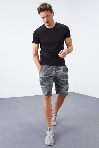 Grey Melange Camouflage Pattern Pocketed Standard Fit Men's Shorts - 81126