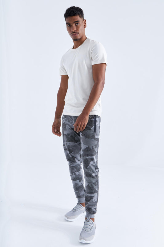 Gray Melange Camouflage Print Slim Fit Jogger Men's Tracksuit Bottom - 84754