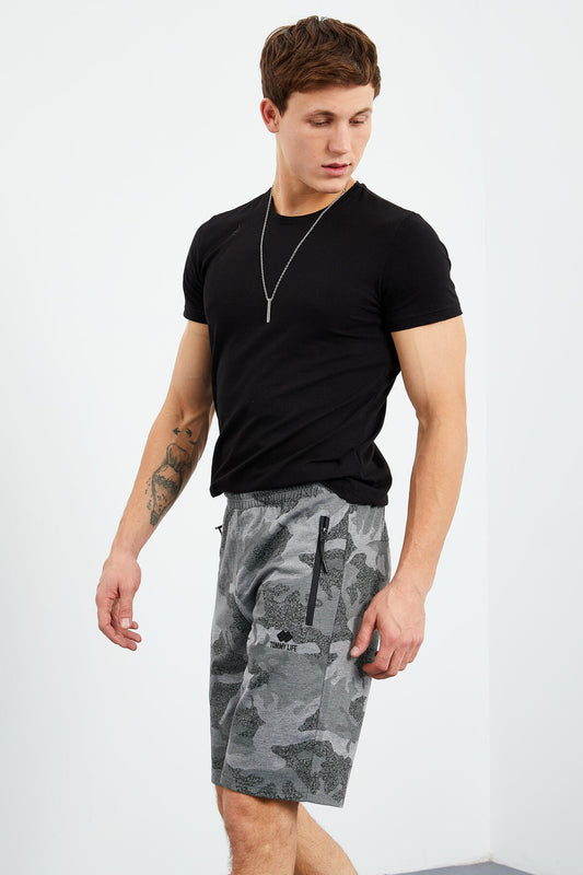Gray Melange Camouflage Pattern Standard Fit Men's Shorts - 81157