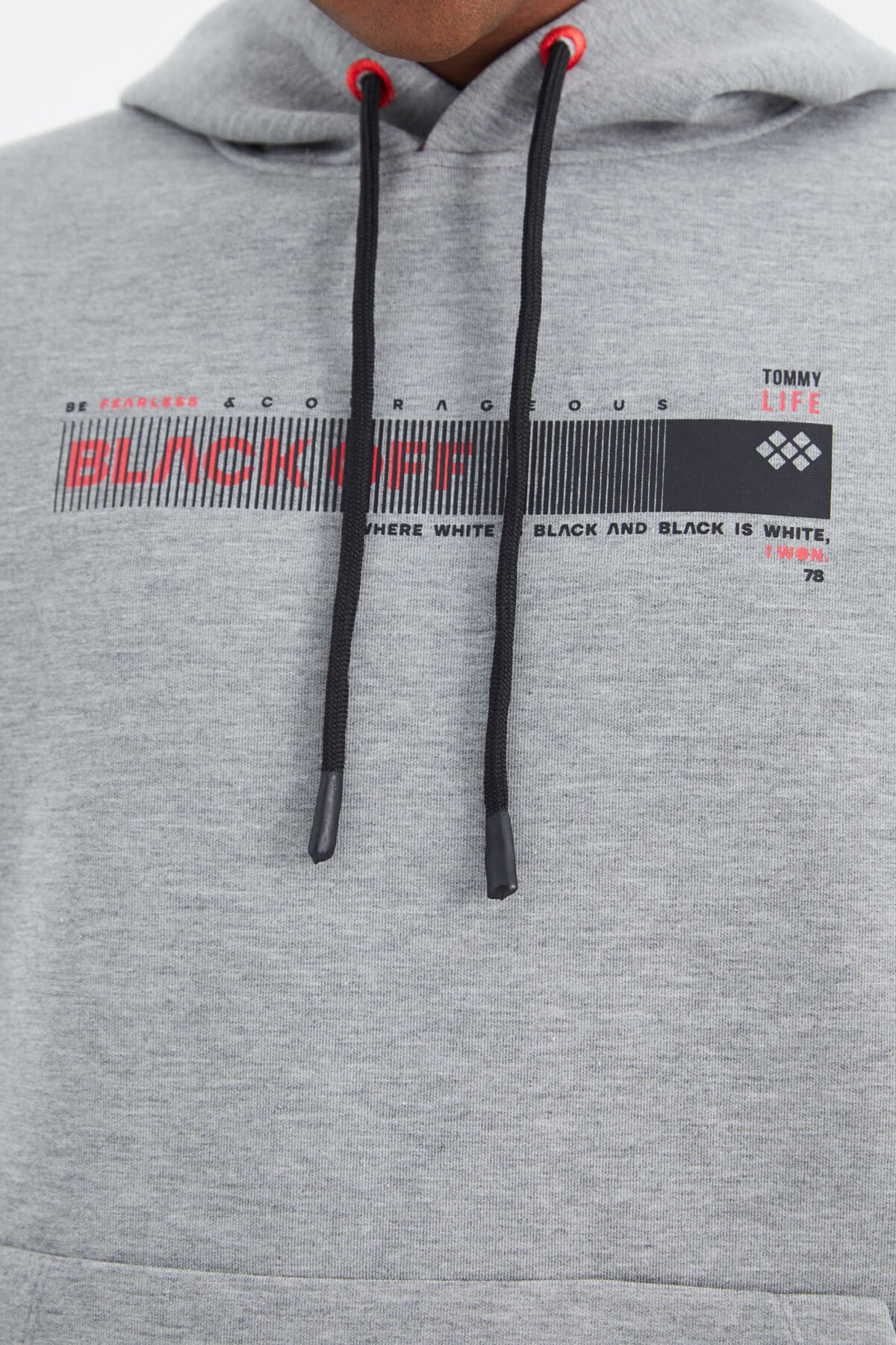 Grey Melange Hooded Laced Print Detailed Relax Fit Men's Sweatshirt - 88287