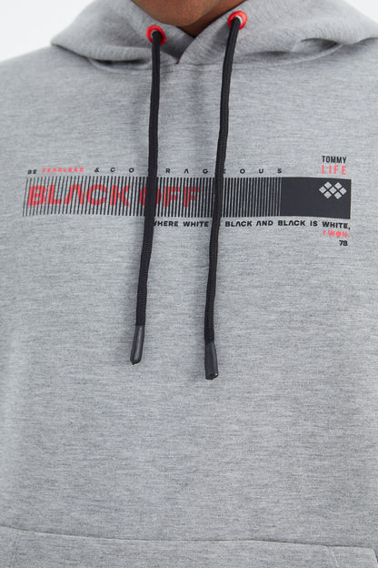 Grey Melange Hooded Laced Print Detailed Relax Fit Men's Sweatshirt - 88287