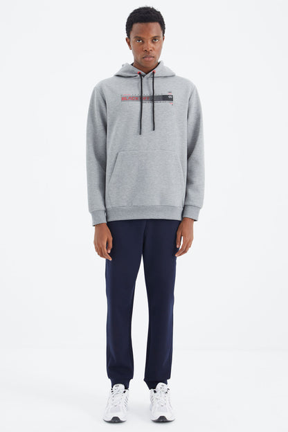 Grey Melange Hooded Laced Print Detailed Relax Fit Men's Sweatshirt - 88287