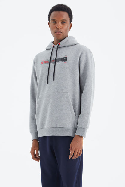 Grey Melange Hooded Laced Print Detailed Relax Fit Men's Sweatshirt - 88287