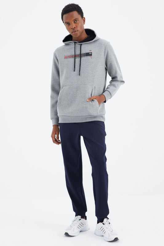 Grey Melange Hooded Laced Print Detailed Relax Fit Men's Sweatshirt - 88287