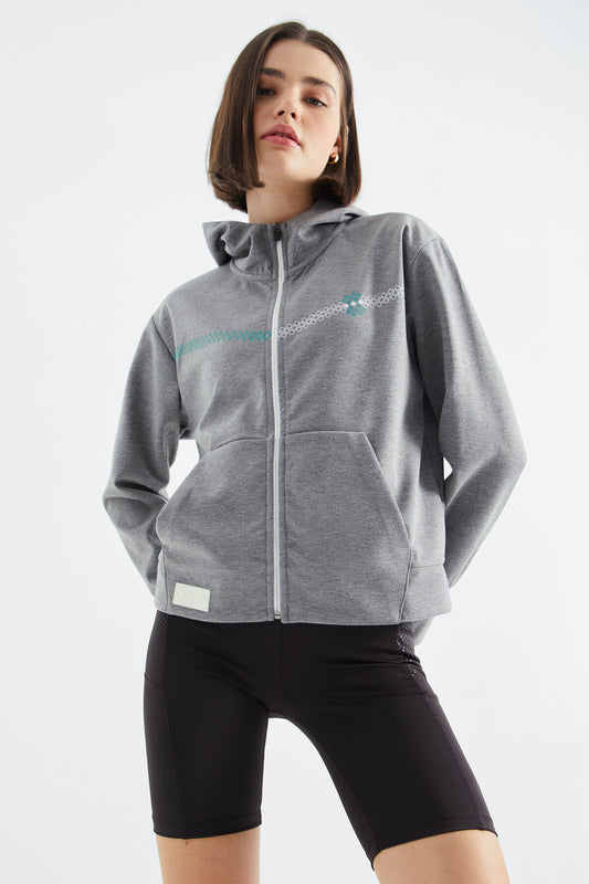 Grey Melange Hooded Zippered Women's Sweatshirt - 97277