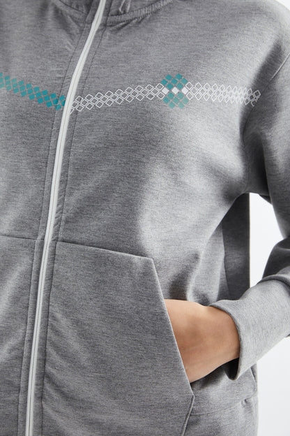 Grey Melange Hooded Zippered Women's Sweatshirt - 97277