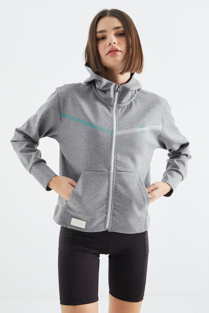 Grey Melange Hooded Zippered Women's Sweatshirt - 97277
