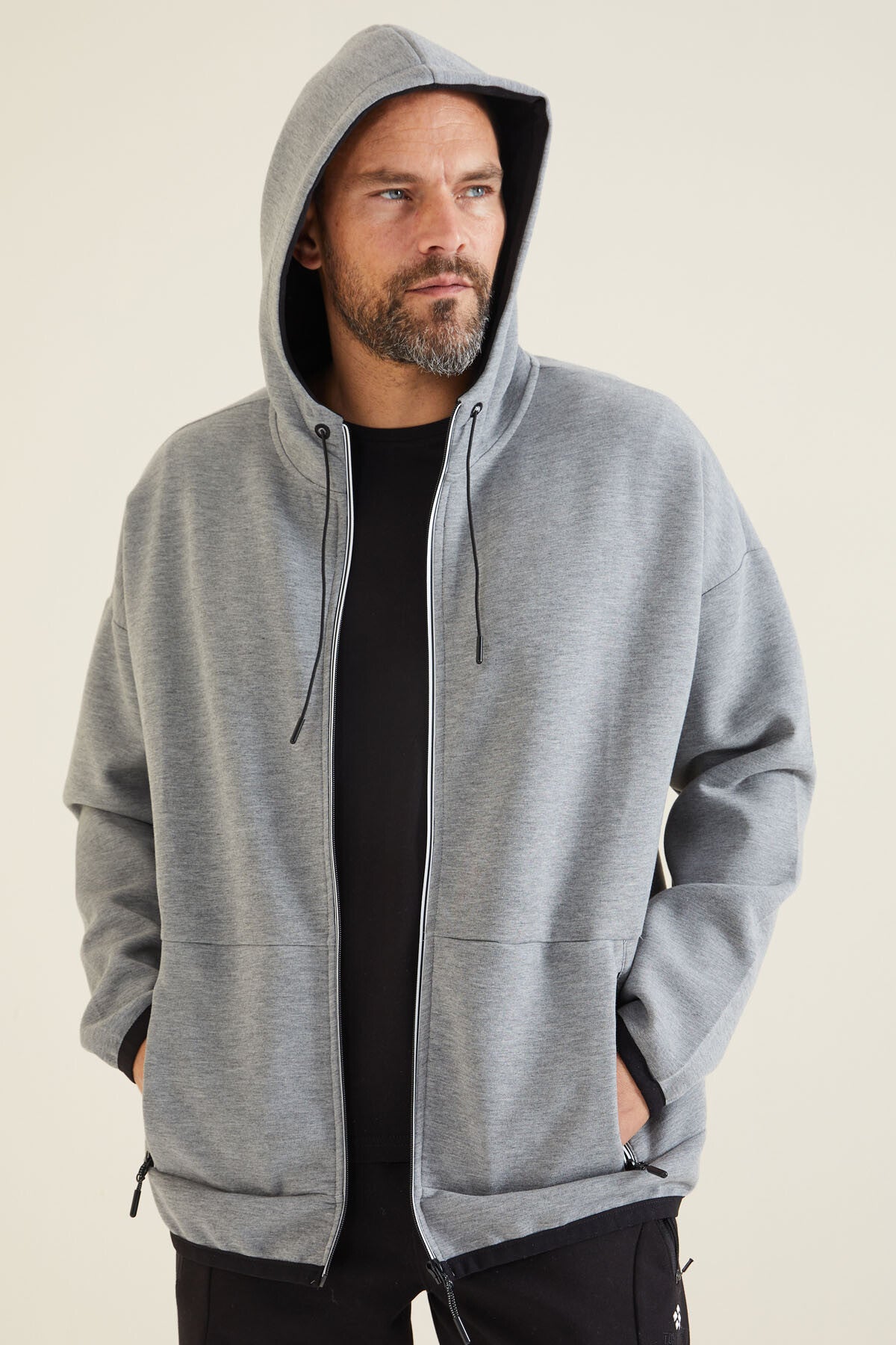 Grey Melange Hooded Hidden Pocket Detailed Men's Sweatshirt - 88288