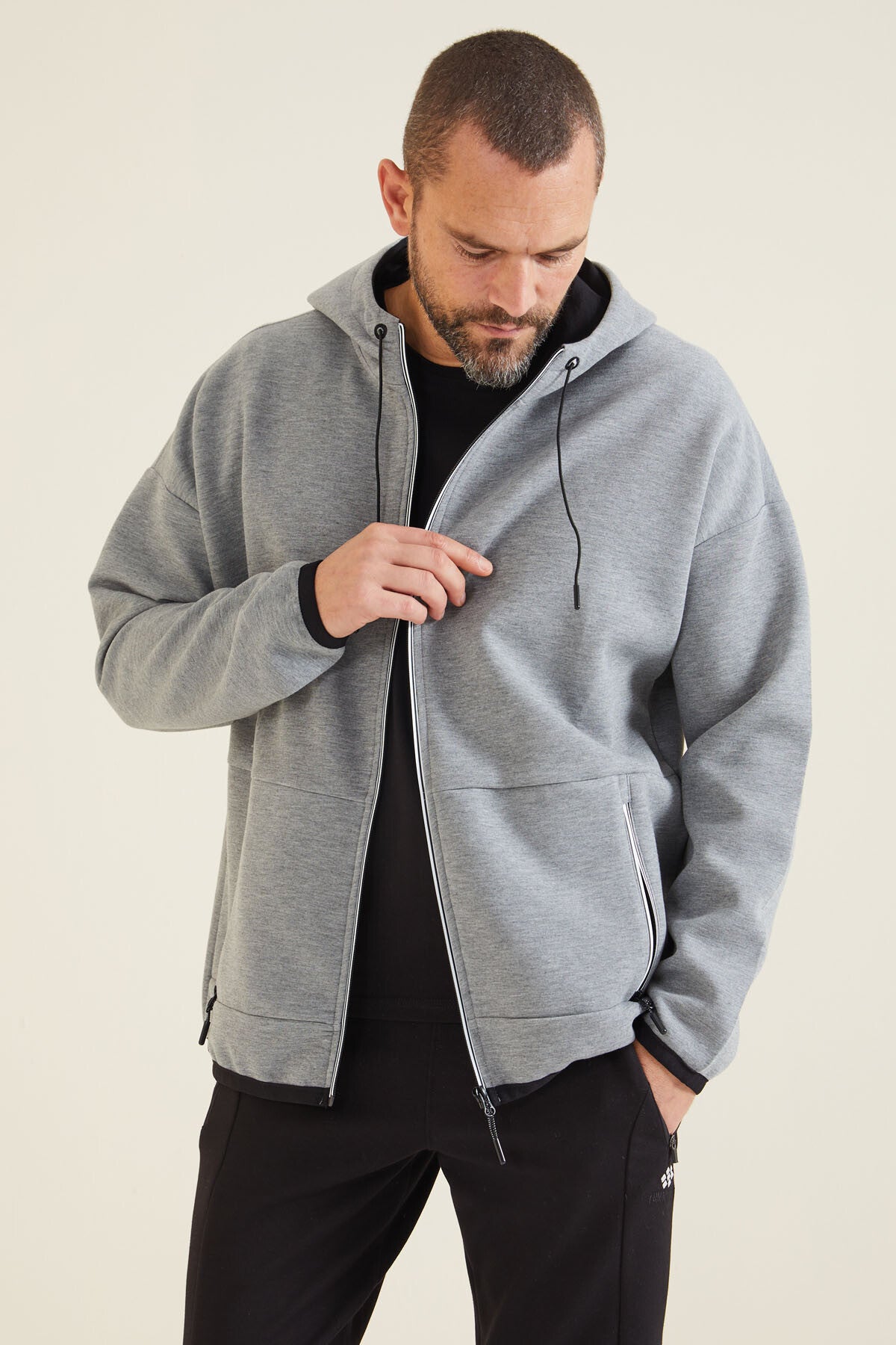 Grey Melange Hooded Hidden Pocket Detailed Men's Sweatshirt - 88288