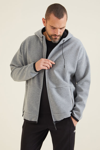 Grey Melange Hooded Hidden Pocket Detailed Men's Sweatshirt - 88288