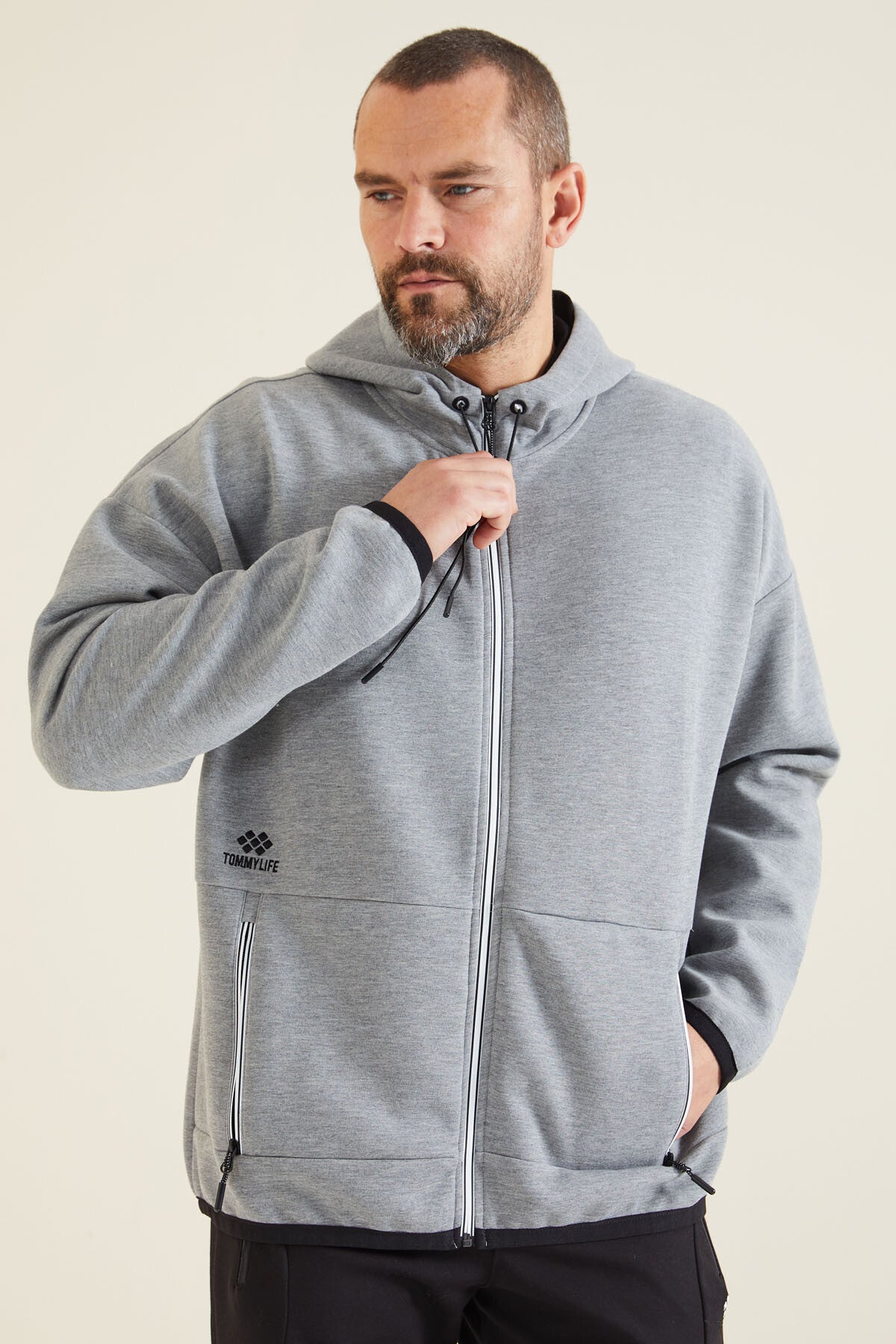 Grey Melange Hooded Hidden Pocket Detailed Men's Sweatshirt - 88288