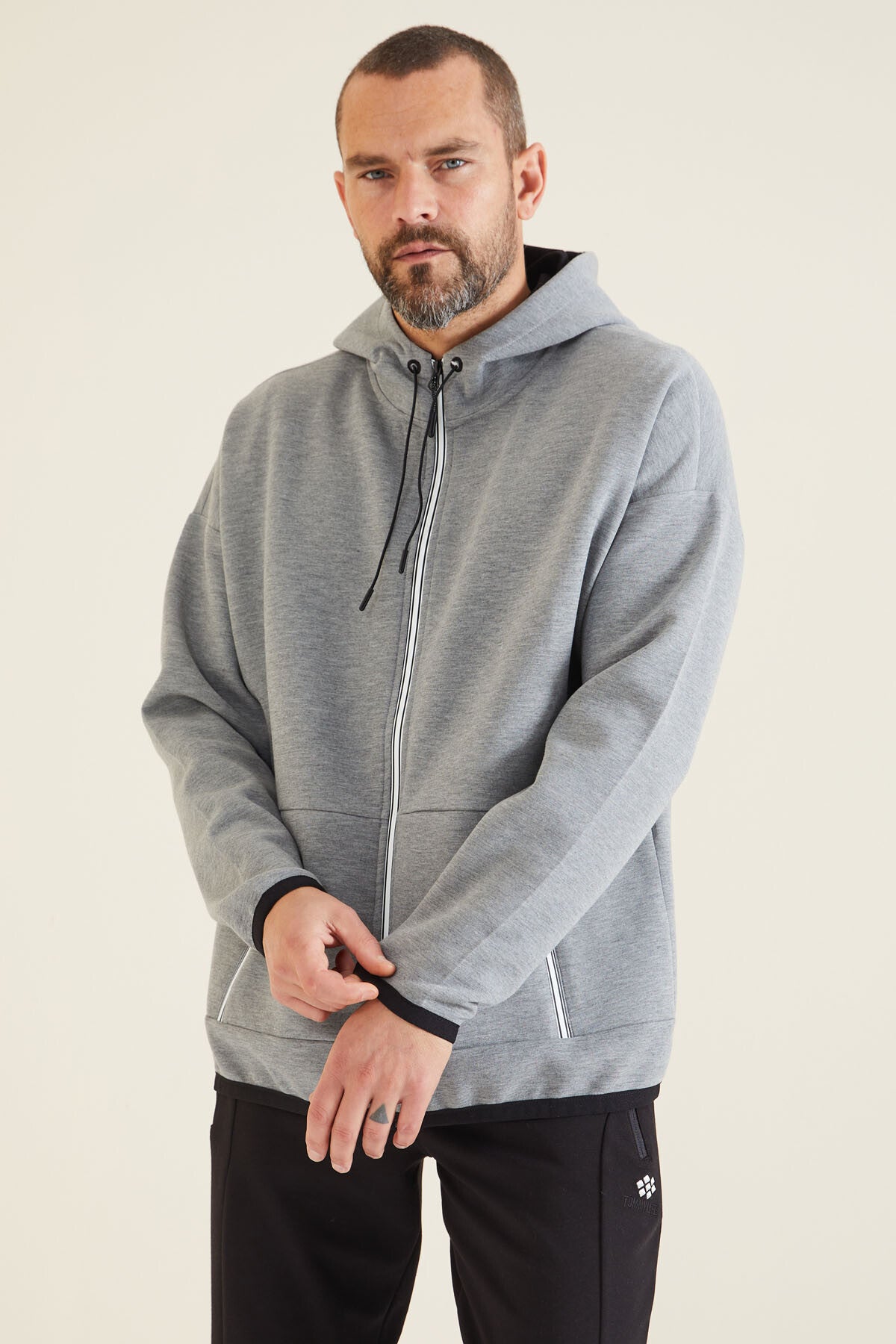 Grey Melange Hooded Hidden Pocket Detailed Men's Sweatshirt - 88288