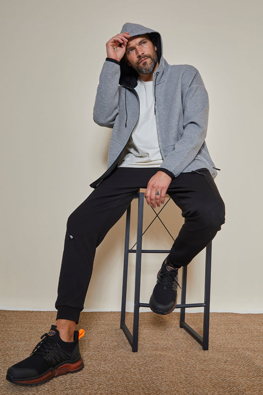 Grey Melange Hooded Hidden Pocket Detailed Men's Sweatshirt - 88288