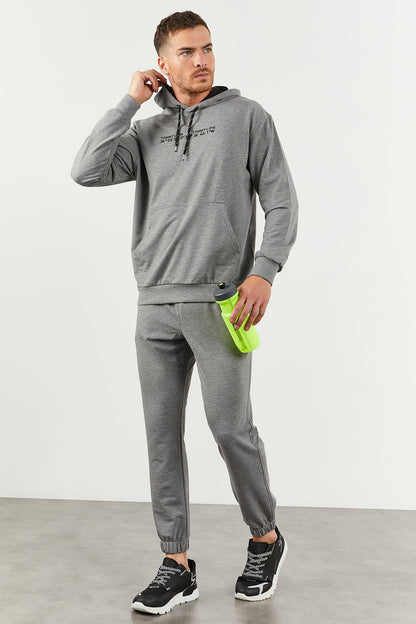 Grey Melange Hooded Kangaroo Pocket Elastic Cuffed Men's Oversize Tracksuit Set - 85117