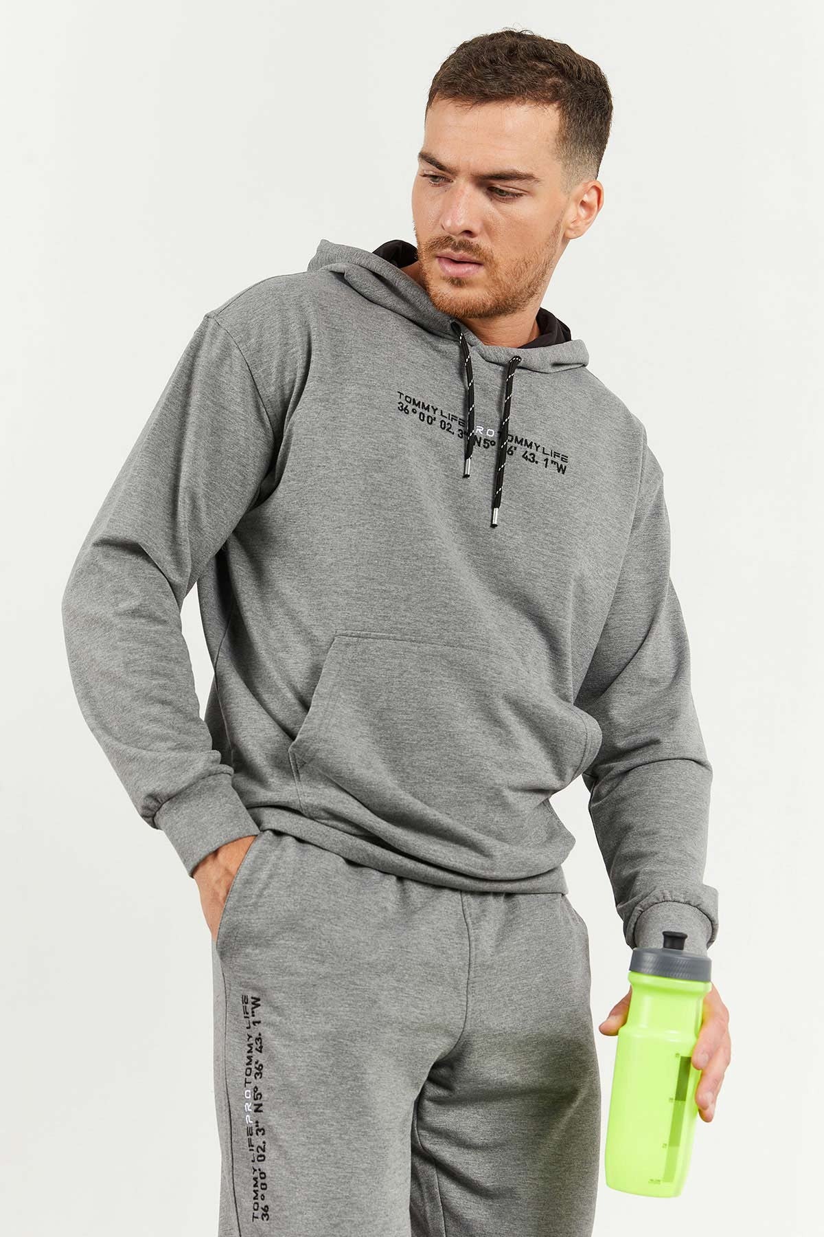 Grey Melange Hooded Kangaroo Pocket Elastic Cuffed Men's Oversize Tracksuit Set - 85117