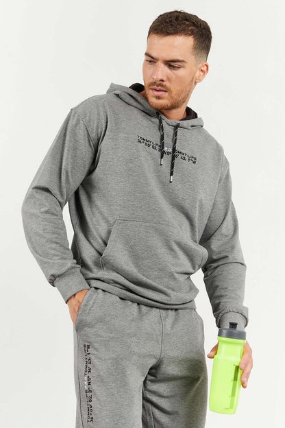 Grey Melange Hooded Kangaroo Pocket Elastic Cuffed Men's Oversize Tracksuit Set - 85117