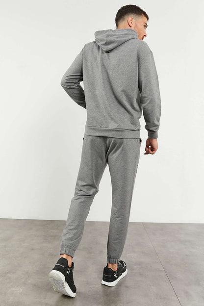 Grey Melange Hooded Kangaroo Pocket Elastic Cuffed Men's Oversize Tracksuit Set - 85117