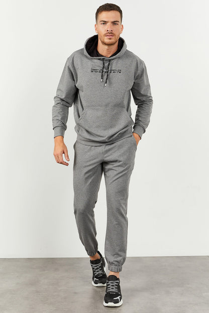 Grey Melange Hooded Kangaroo Pocket Elastic Cuffed Men's Oversize Tracksuit Set - 85117