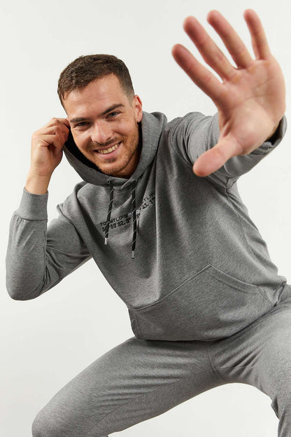 Grey Melange Hooded Kangaroo Pocket Elastic Cuffed Men's Oversize Tracksuit Set - 85117