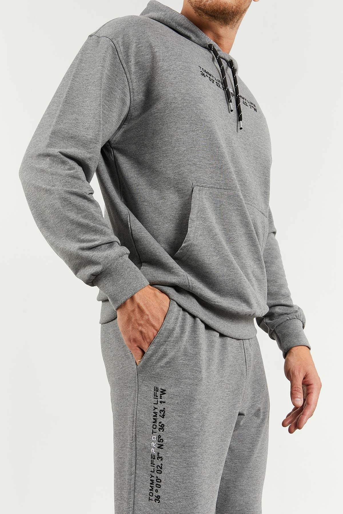 Grey Melange Hooded Kangaroo Pocket Elastic Cuffed Men's Oversize Tracksuit Set - 85117