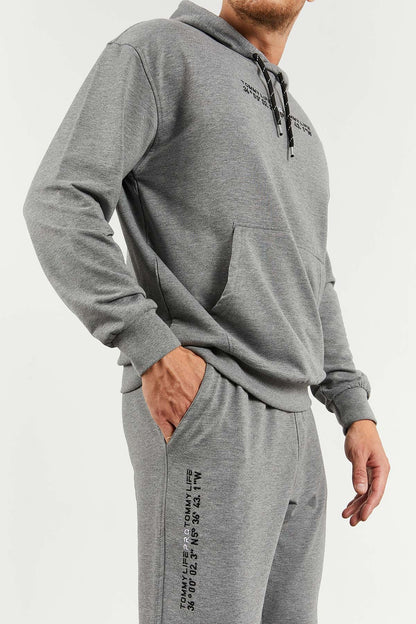 Grey Melange Hooded Kangaroo Pocket Elastic Cuffed Men's Oversize Tracksuit Set - 85117