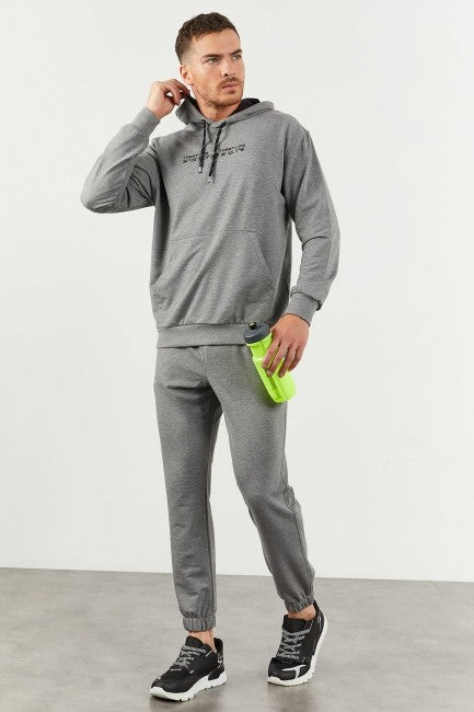 Grey Melange Hooded Kangaroo Pocket Elastic Cuffed Men's Oversize Tracksuit Set - 85117
