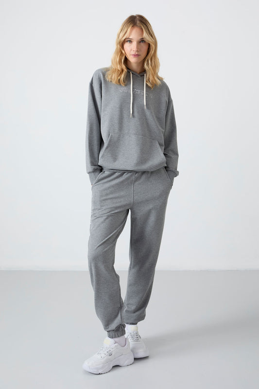 Grey Melange Hooded Kangaroo Pocket Oversize Elastic Cuff Women's Tracksuit Set - 95288