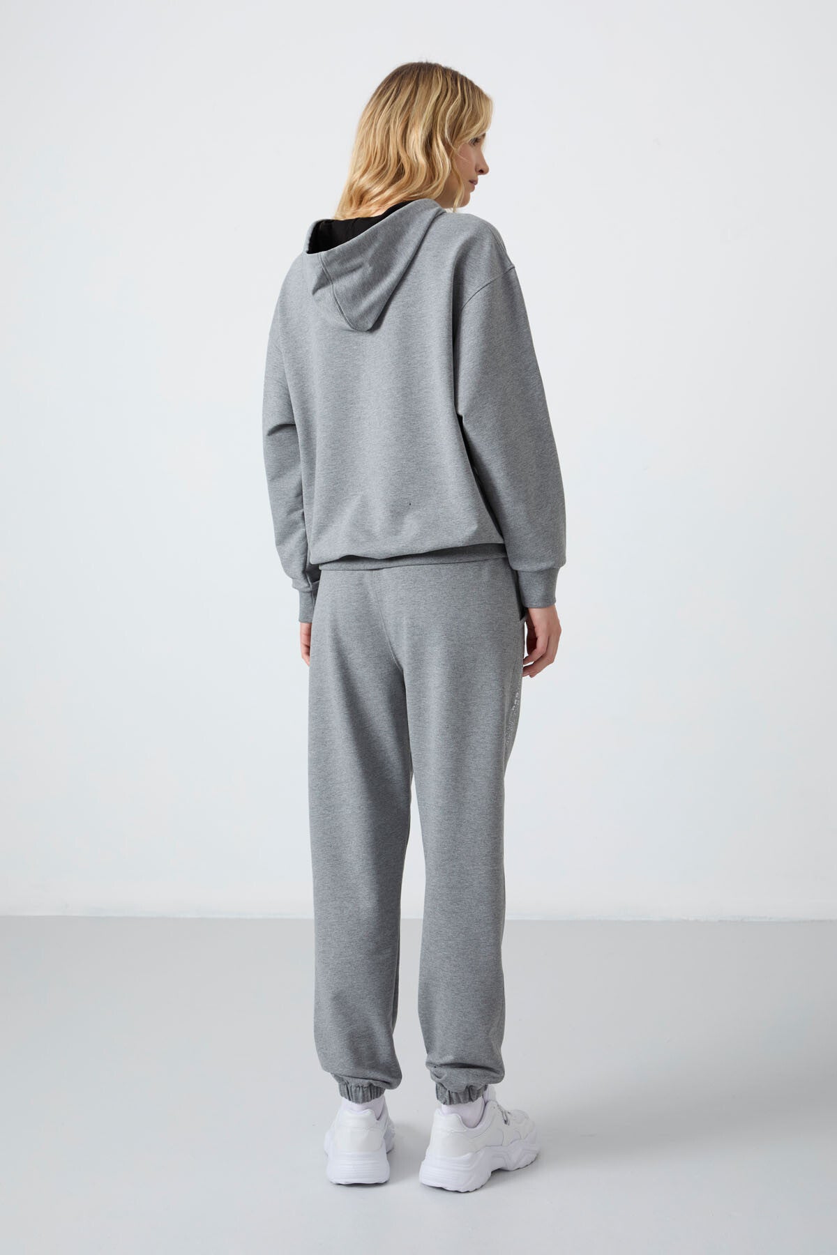 Grey Melange Hooded Kangaroo Pocket Oversize Elastic Cuff Women's Tracksuit Set - 95288