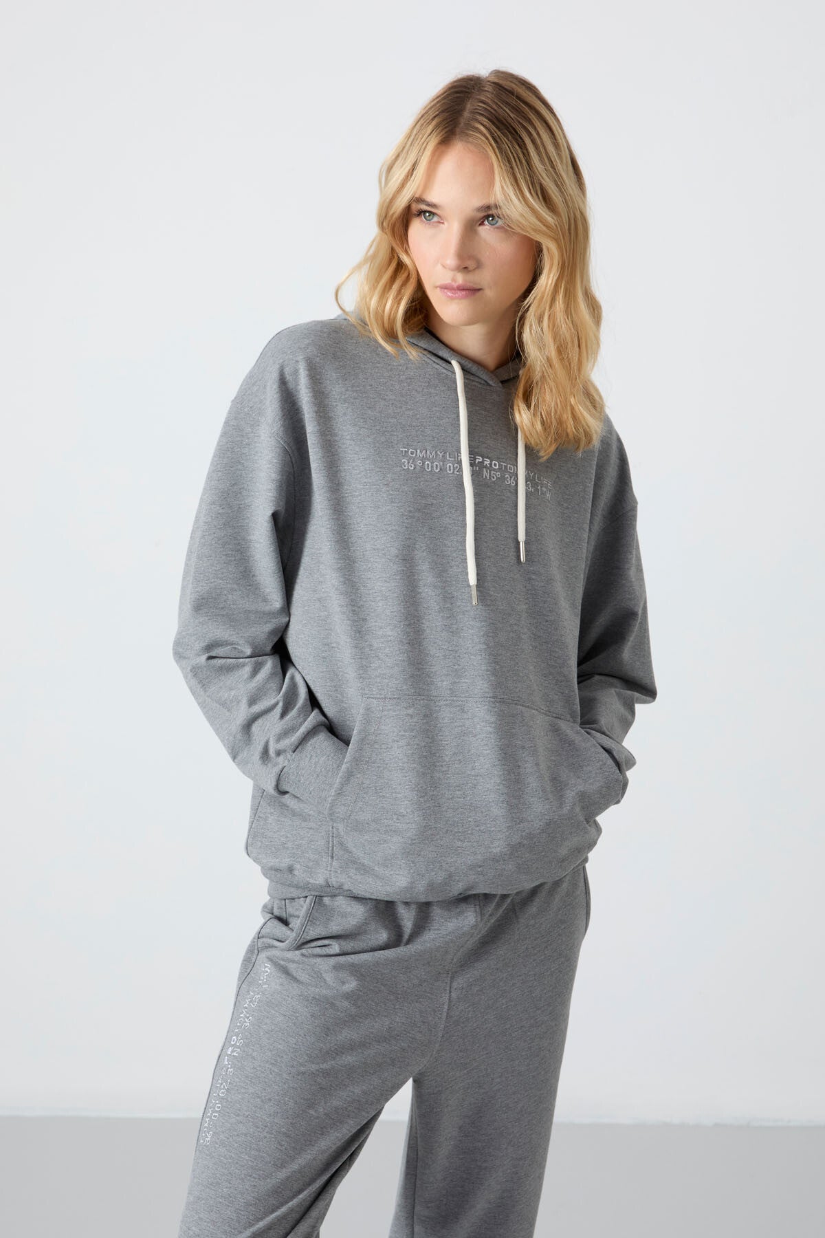 Grey Melange Hooded Kangaroo Pocket Oversize Elastic Cuff Women's Tracksuit Set - 95288