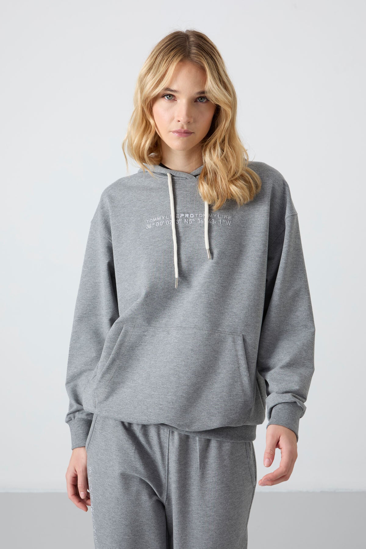 Grey Melange Hooded Kangaroo Pocket Oversize Elastic Cuff Women's Tracksuit Set - 95288