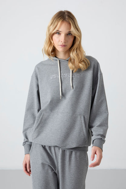 Grey Melange Hooded Kangaroo Pocket Oversize Elastic Cuff Women's Tracksuit Set - 95288