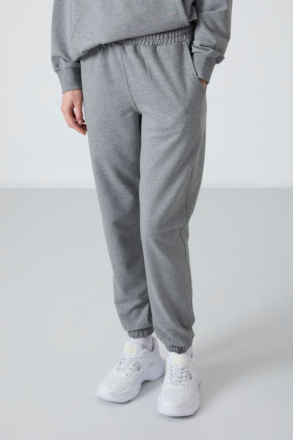 Grey Melange Hooded Kangaroo Pocket Oversize Elastic Cuff Women's Tracksuit Set - 95288