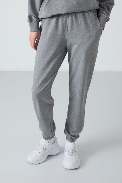 Grey Melange Hooded Kangaroo Pocket Oversize Elastic Cuff Women's Tracksuit Set - 95288